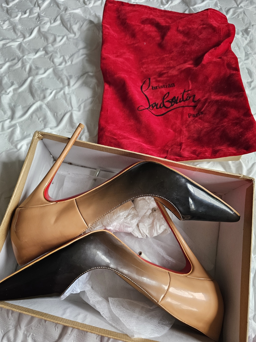 Christian Louboutin Tan and Black Patent Leather Pointed-Toe Pumps